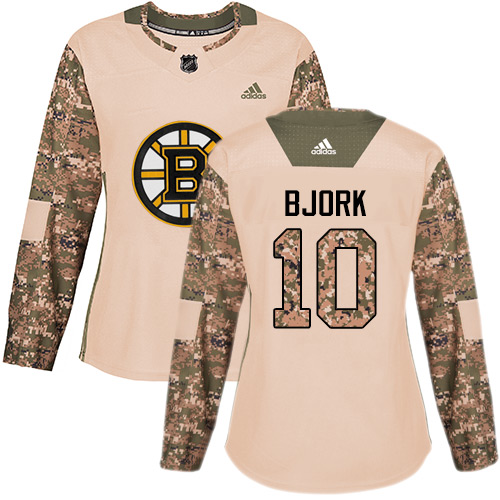 Adidas Bruins #10 Anders Bjork Camo Authentic Veterans Day Women's Stitched NHL Jersey